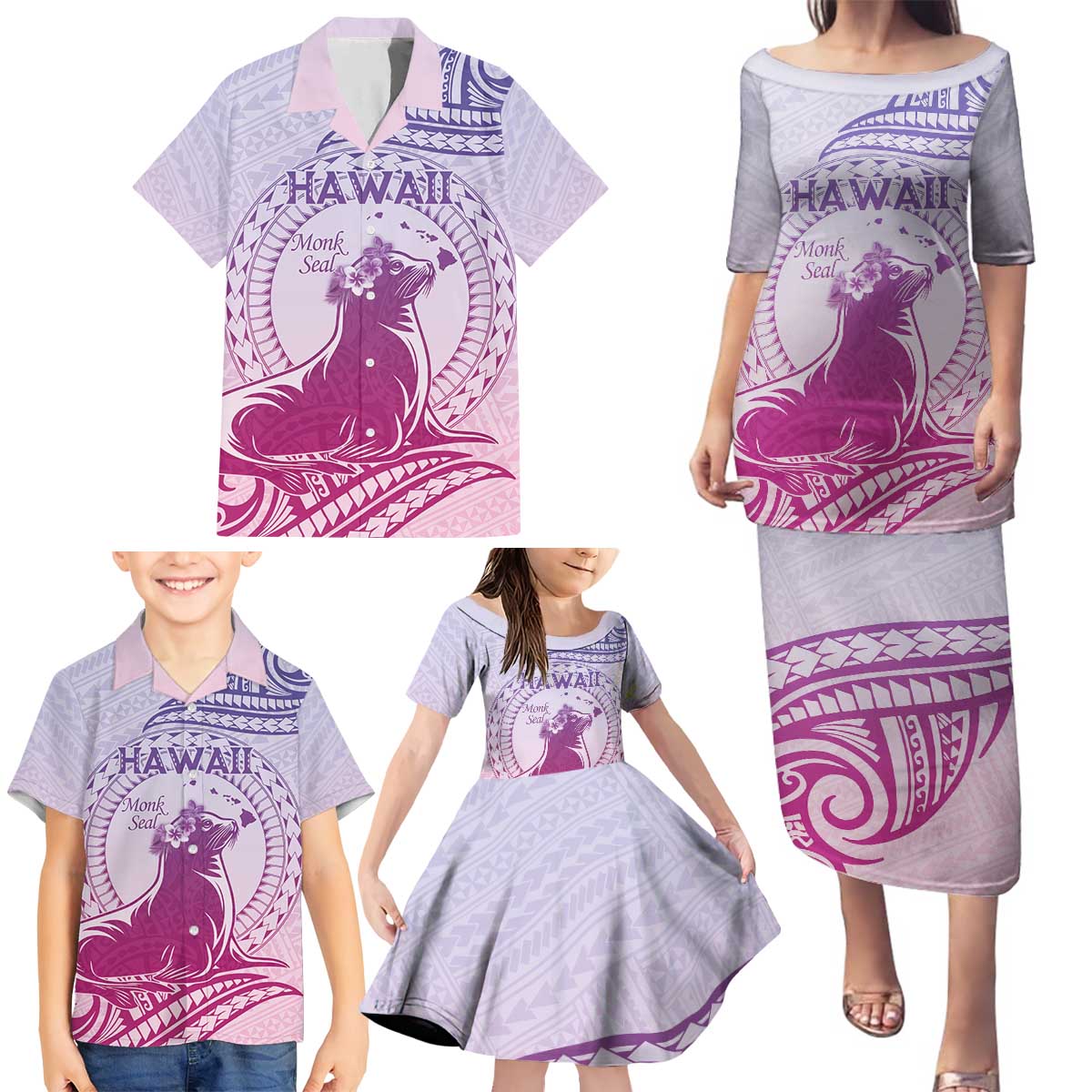 Personalised Hawaii Monk Seal Family Matching Puletasi and Hawaiian Shirt Polynesian Tattoo With Tropical Flowers - Purple Gradient LT14 - Polynesian Pride