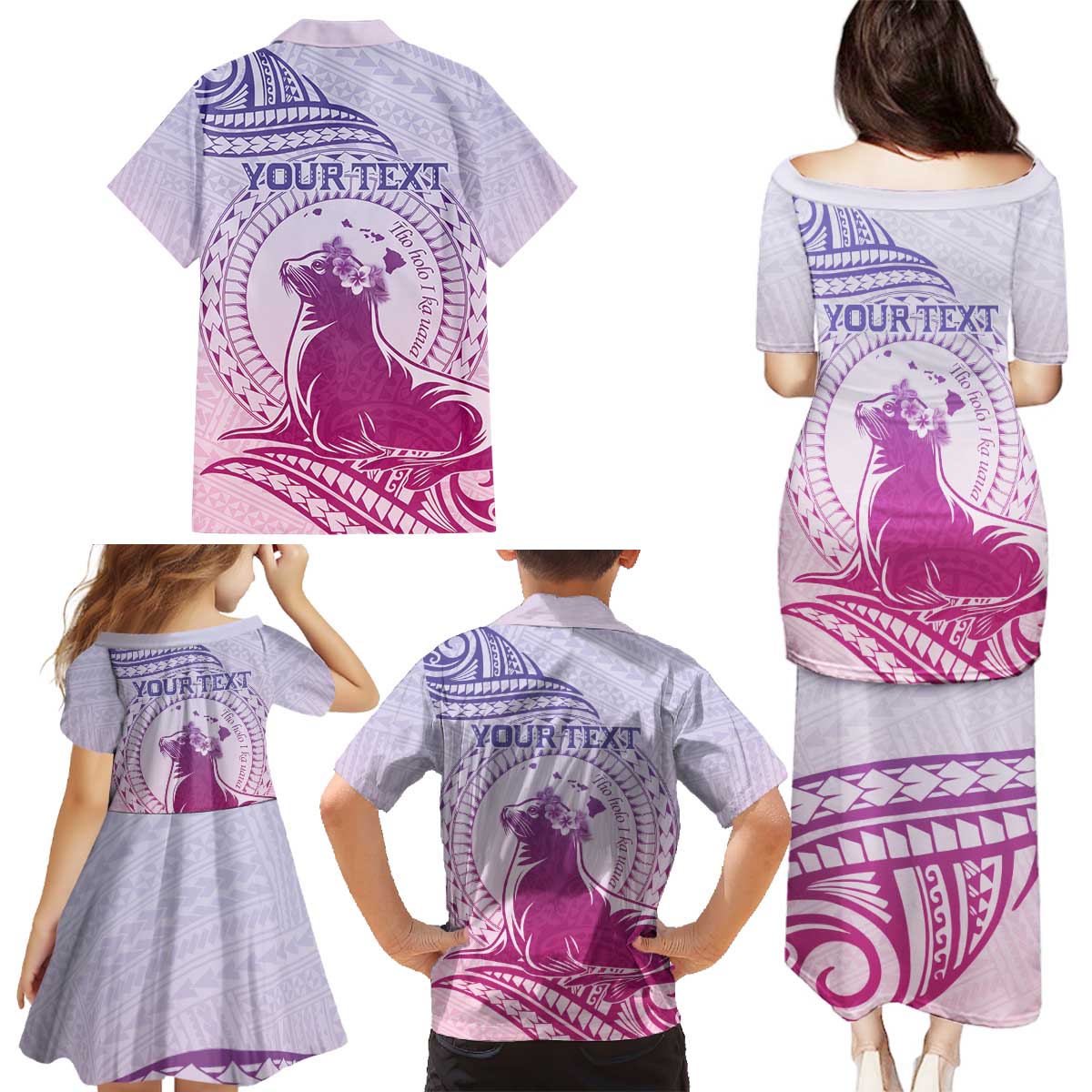 Personalised Hawaii Monk Seal Family Matching Puletasi and Hawaiian Shirt Polynesian Tattoo With Tropical Flowers - Purple Gradient LT14 - Polynesian Pride
