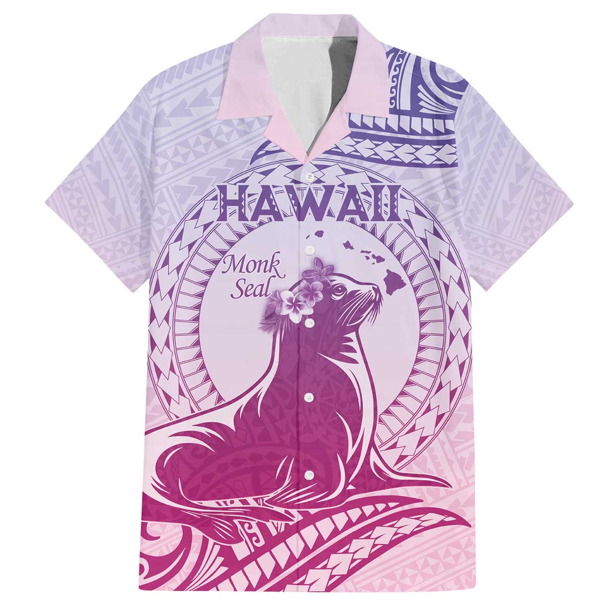 Personalised Hawaii Monk Seal Family Matching Puletasi and Hawaiian Shirt Polynesian Tattoo With Tropical Flowers - Purple Gradient LT14 Dad's Shirt - Short Sleeve Purple - Polynesian Pride