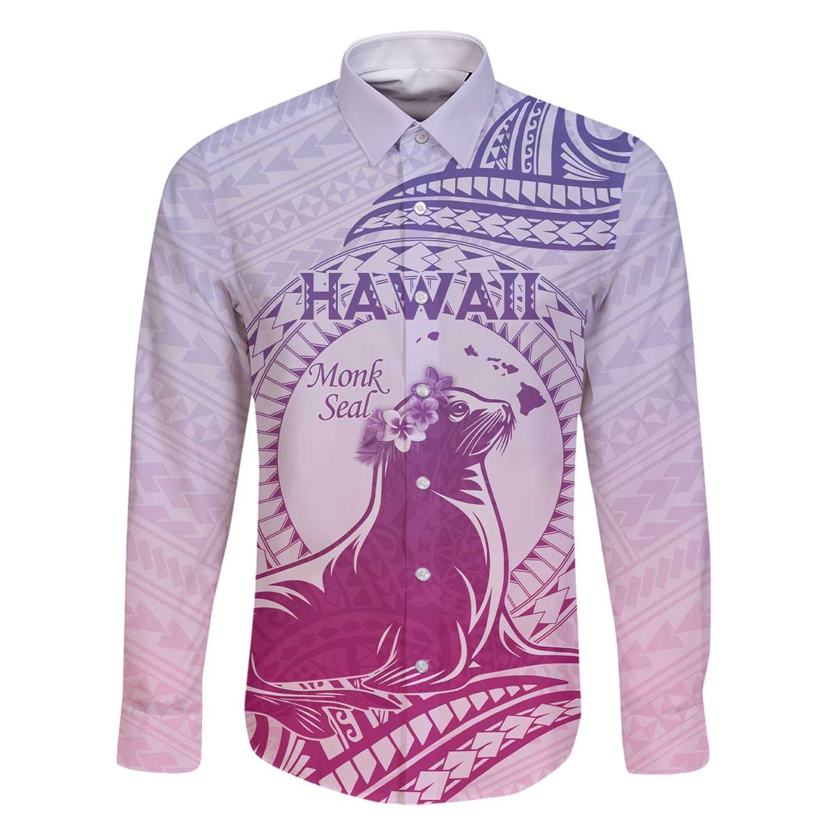 Personalised Hawaii Monk Seal Family Matching Puletasi and Hawaiian Shirt Polynesian Tattoo With Tropical Flowers - Purple Gradient LT14 Dad's Shirt - Long Sleeve Purple - Polynesian Pride