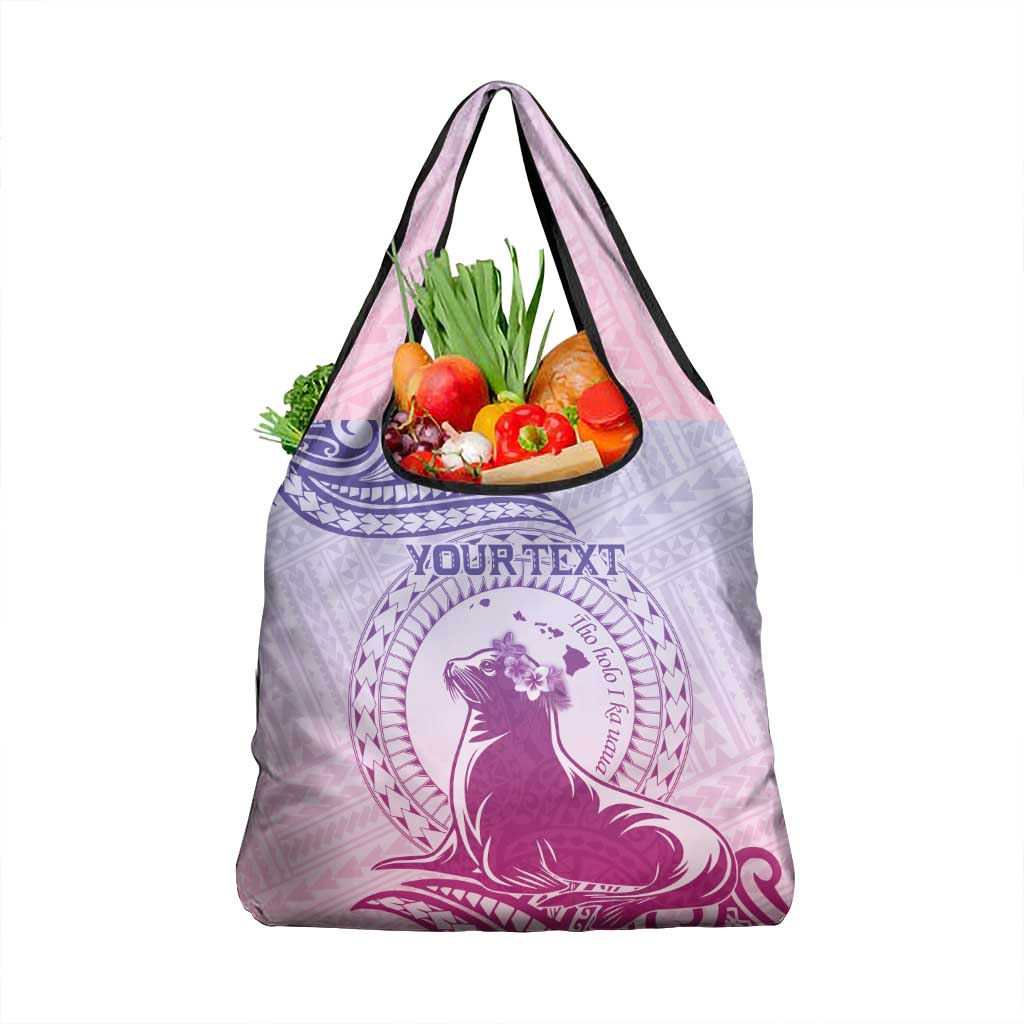 Personalised Hawaii Monk Seal Grocery Bag Polynesian Tattoo With Tropical Flowers - Purple Gradient