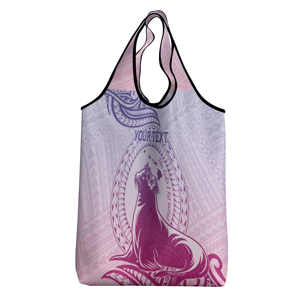 Personalised Hawaii Monk Seal Grocery Bag Polynesian Tattoo With Tropical Flowers - Purple Gradient