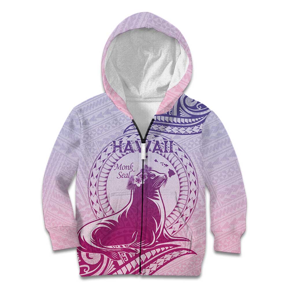 Personalised Hawaii Monk Seal Kid Hoodie Polynesian Tattoo With Tropical Flowers - Purple Gradient