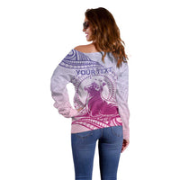 Personalised Hawaii Monk Seal Off Shoulder Sweater Polynesian Tattoo With Tropical Flowers - Purple Gradient