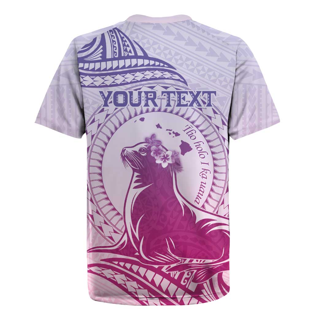 Personalised Hawaii Monk Seal Rugby Jersey Polynesian Tattoo With Tropical Flowers - Purple Gradient