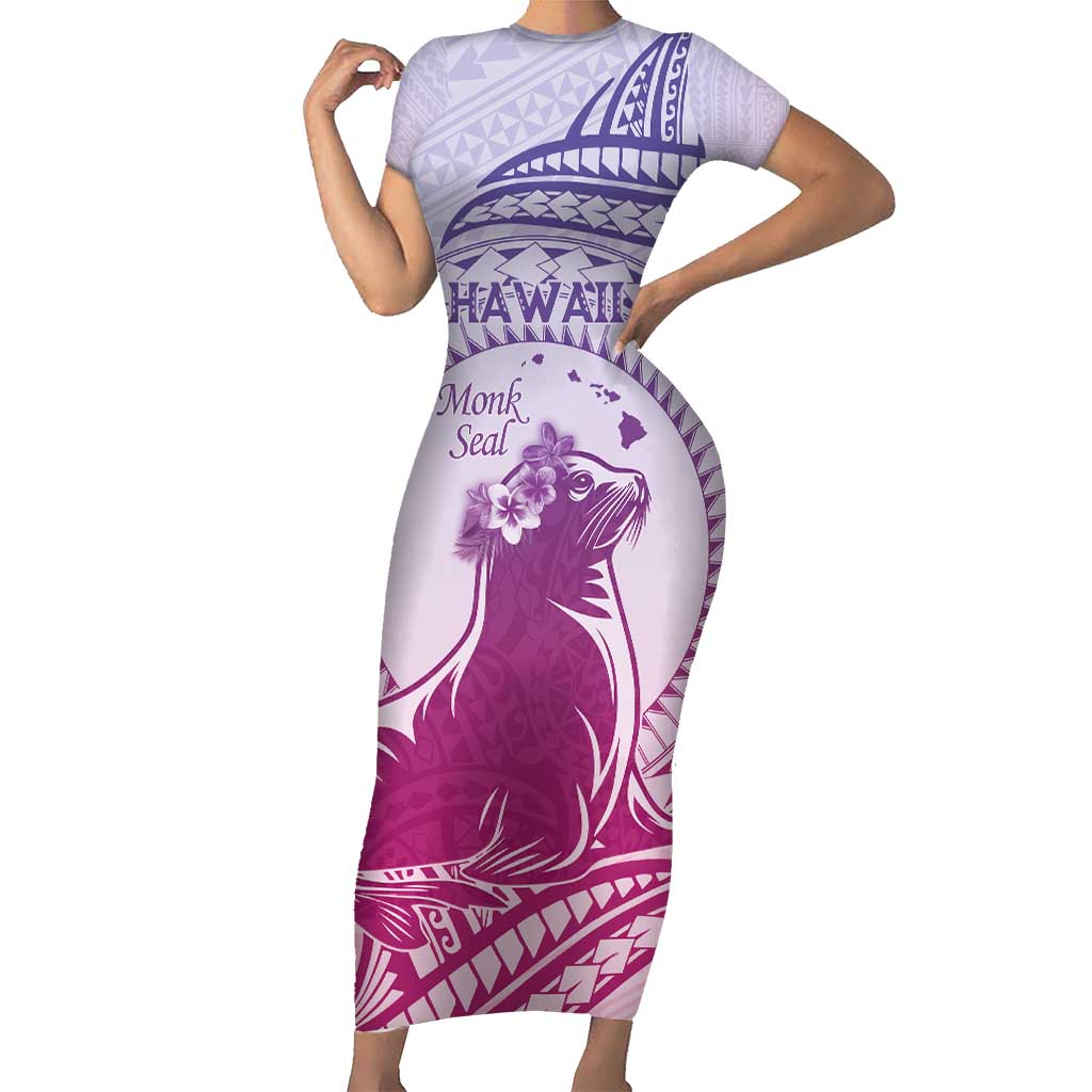 Personalised Hawaii Monk Seal Short Sleeve Bodycon Dress Polynesian Tattoo With Tropical Flowers - Purple Gradient LT14 Long Dress Purple - Polynesian Pride