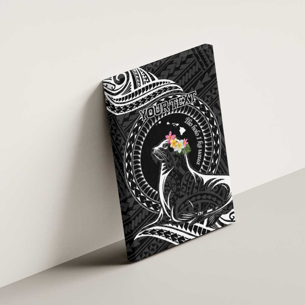 Personalised Hawaii Monk Seal Canvas Wall Art Polynesian Tattoo With Tropical Flowers - Black