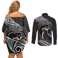 Personalised Hawaii Monk Seal Couples Matching Off Shoulder Short Dress and Long Sleeve Button Shirt Polynesian Tattoo With Tropical Flowers - Black