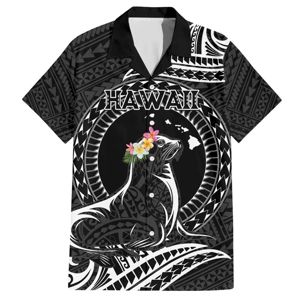 Personalised Hawaii Monk Seal Family Matching Long Sleeve Bodycon Dress and Hawaiian Shirt Polynesian Tattoo With Tropical Flowers - Black