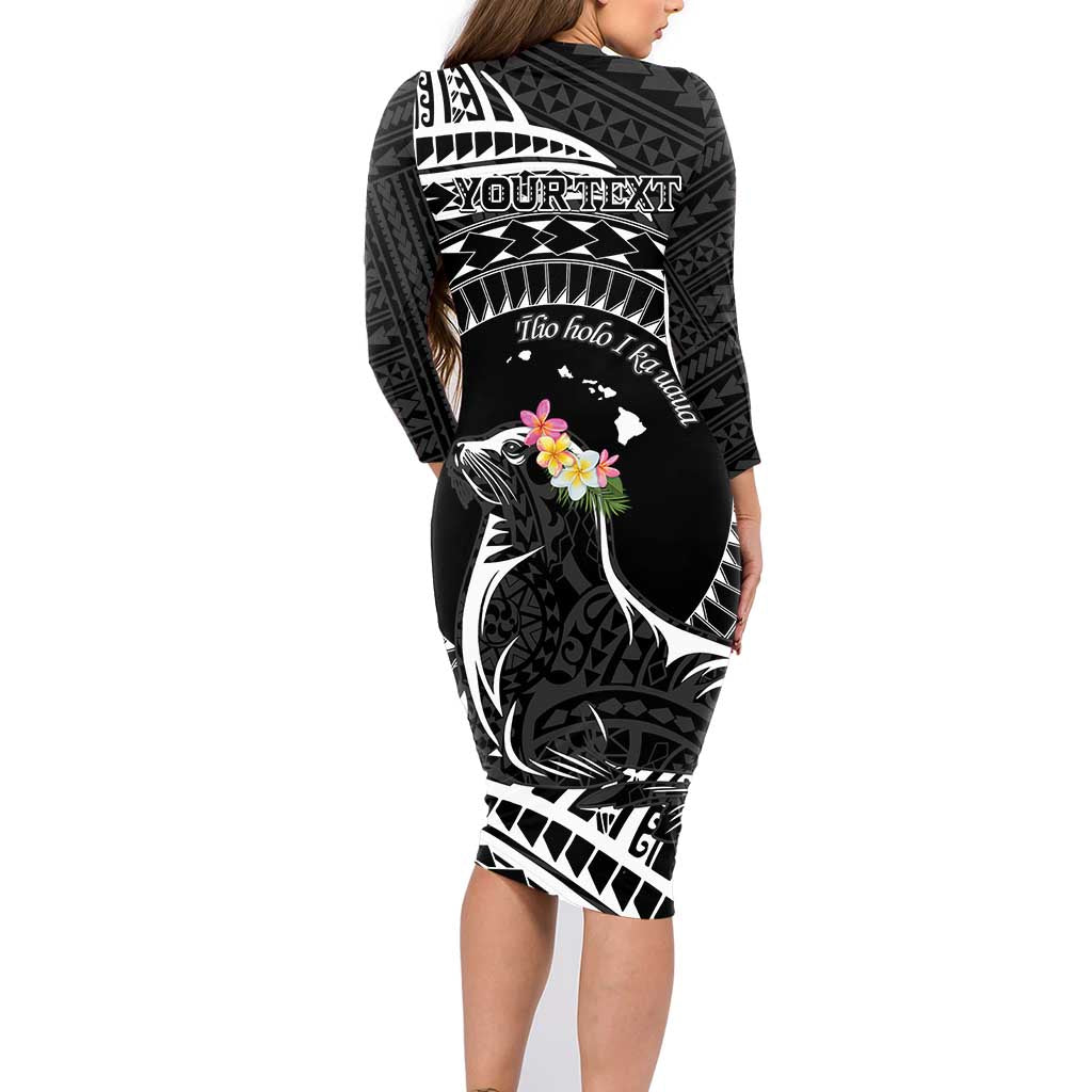 Personalised Hawaii Monk Seal Family Matching Long Sleeve Bodycon Dress and Hawaiian Shirt Polynesian Tattoo With Tropical Flowers - Black