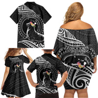Personalised Hawaii Monk Seal Family Matching Off Shoulder Short Dress and Hawaiian Shirt Polynesian Tattoo With Tropical Flowers - Black