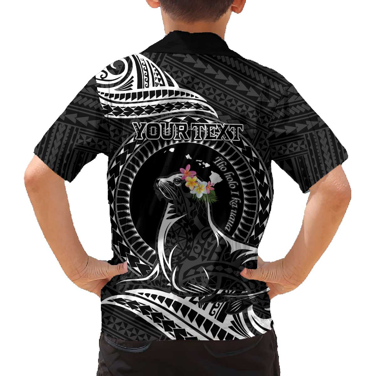 Personalised Hawaii Monk Seal Family Matching Puletasi and Hawaiian Shirt Polynesian Tattoo With Tropical Flowers - Black LT14 - Polynesian Pride