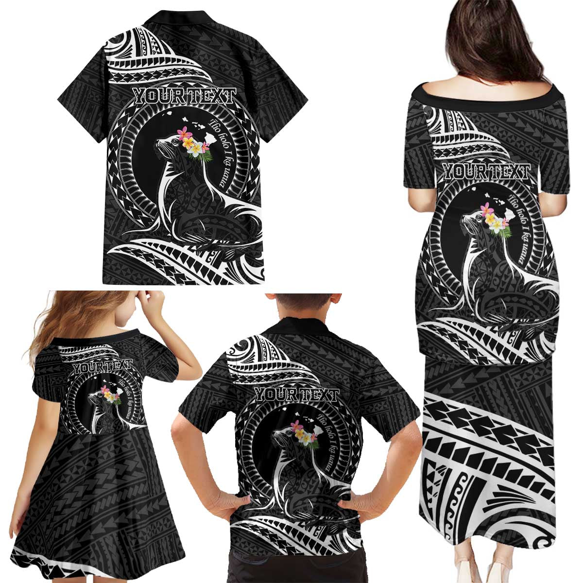 Personalised Hawaii Monk Seal Family Matching Puletasi and Hawaiian Shirt Polynesian Tattoo With Tropical Flowers - Black LT14 - Polynesian Pride