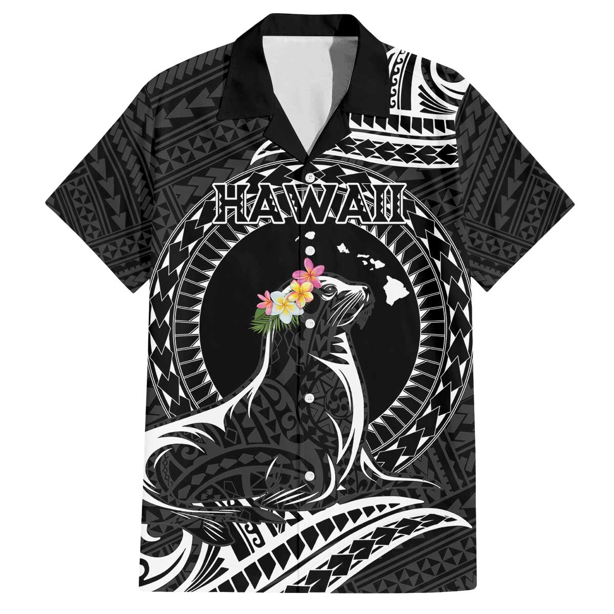 Personalised Hawaii Monk Seal Family Matching Puletasi and Hawaiian Shirt Polynesian Tattoo With Tropical Flowers - Black LT14 Dad's Shirt - Short Sleeve Black - Polynesian Pride