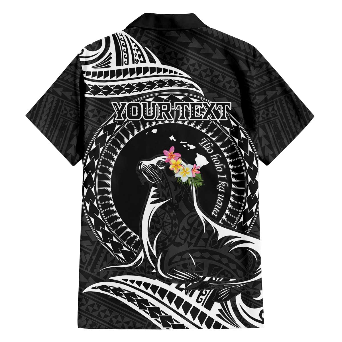 Personalised Hawaii Monk Seal Family Matching Puletasi and Hawaiian Shirt Polynesian Tattoo With Tropical Flowers - Black LT14 - Polynesian Pride