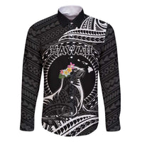 Personalised Hawaii Monk Seal Family Matching Puletasi and Hawaiian Shirt Polynesian Tattoo With Tropical Flowers - Black LT14 Dad's Shirt - Long Sleeve Black - Polynesian Pride