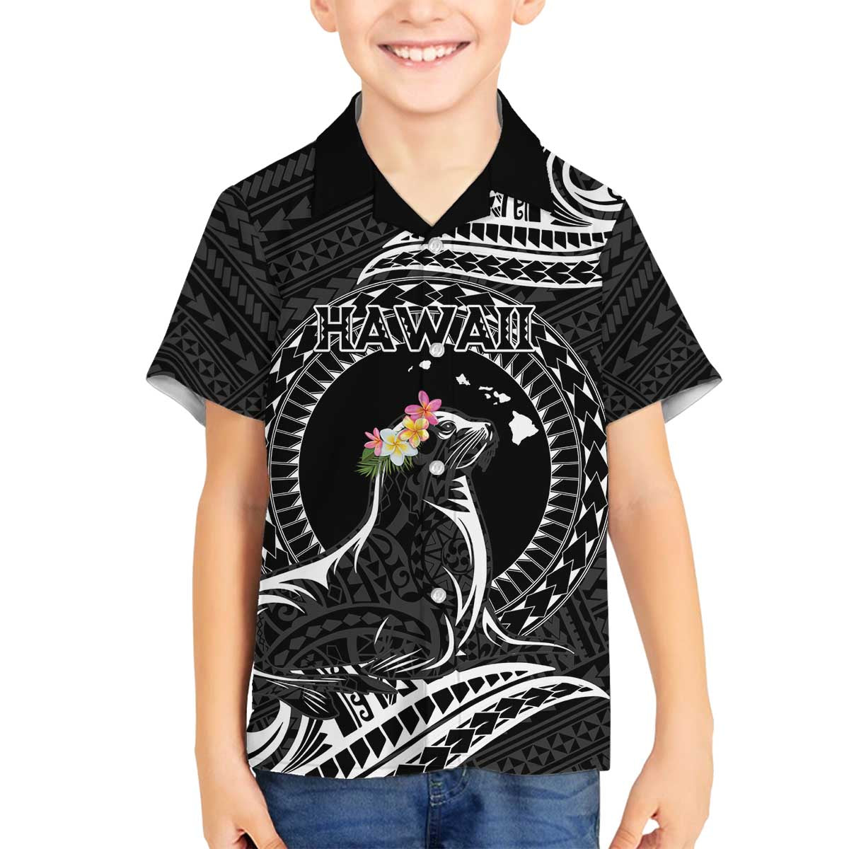 Personalised Hawaii Monk Seal Family Matching Puletasi and Hawaiian Shirt Polynesian Tattoo With Tropical Flowers - Black LT14 Son's Shirt Black - Polynesian Pride