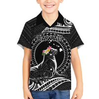 Personalised Hawaii Monk Seal Family Matching Puletasi and Hawaiian Shirt Polynesian Tattoo With Tropical Flowers - Black LT14 Son's Shirt Black - Polynesian Pride