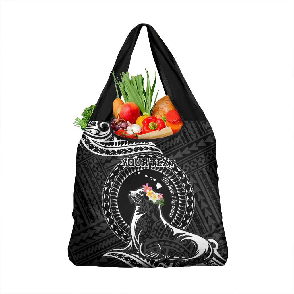 Personalised Hawaii Monk Seal Grocery Bag Polynesian Tattoo With Tropical Flowers - Black