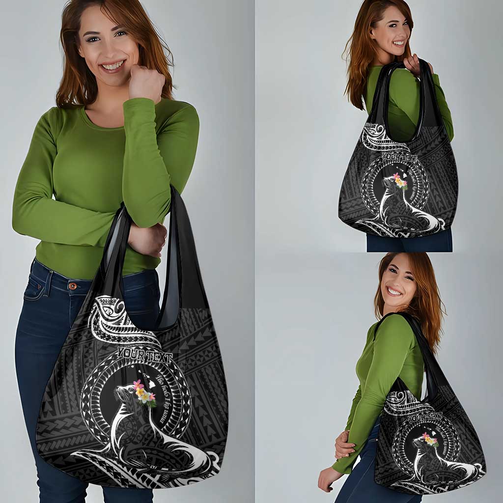 Personalised Hawaii Monk Seal Grocery Bag Polynesian Tattoo With Tropical Flowers - Black