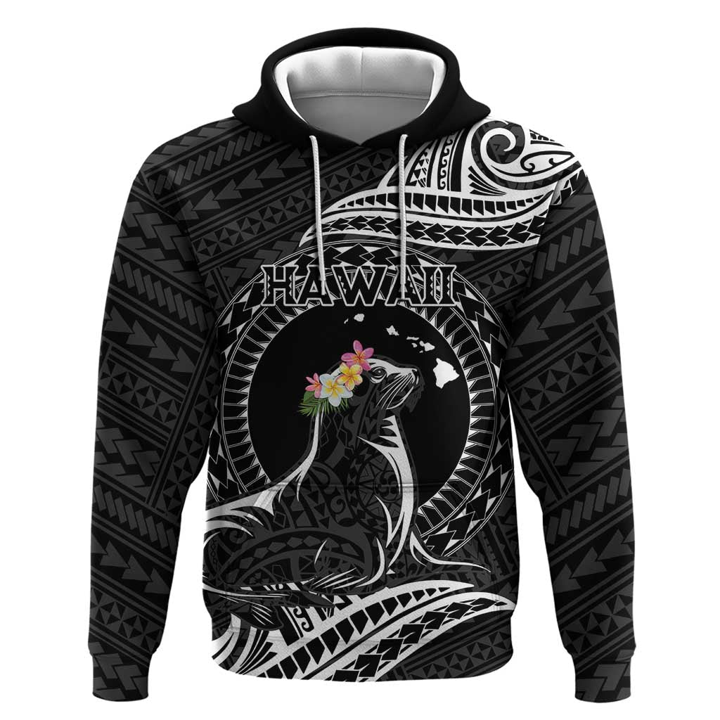 Personalised Hawaii Monk Seal Hoodie Polynesian Tattoo With Tropical Flowers - Black