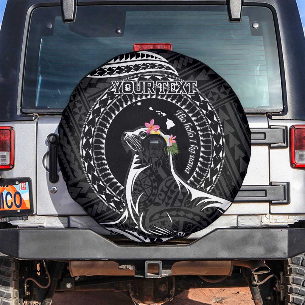 Personalised Hawaii Monk Seal Spare Tire Cover Polynesian Tattoo With Tropical Flowers - Black