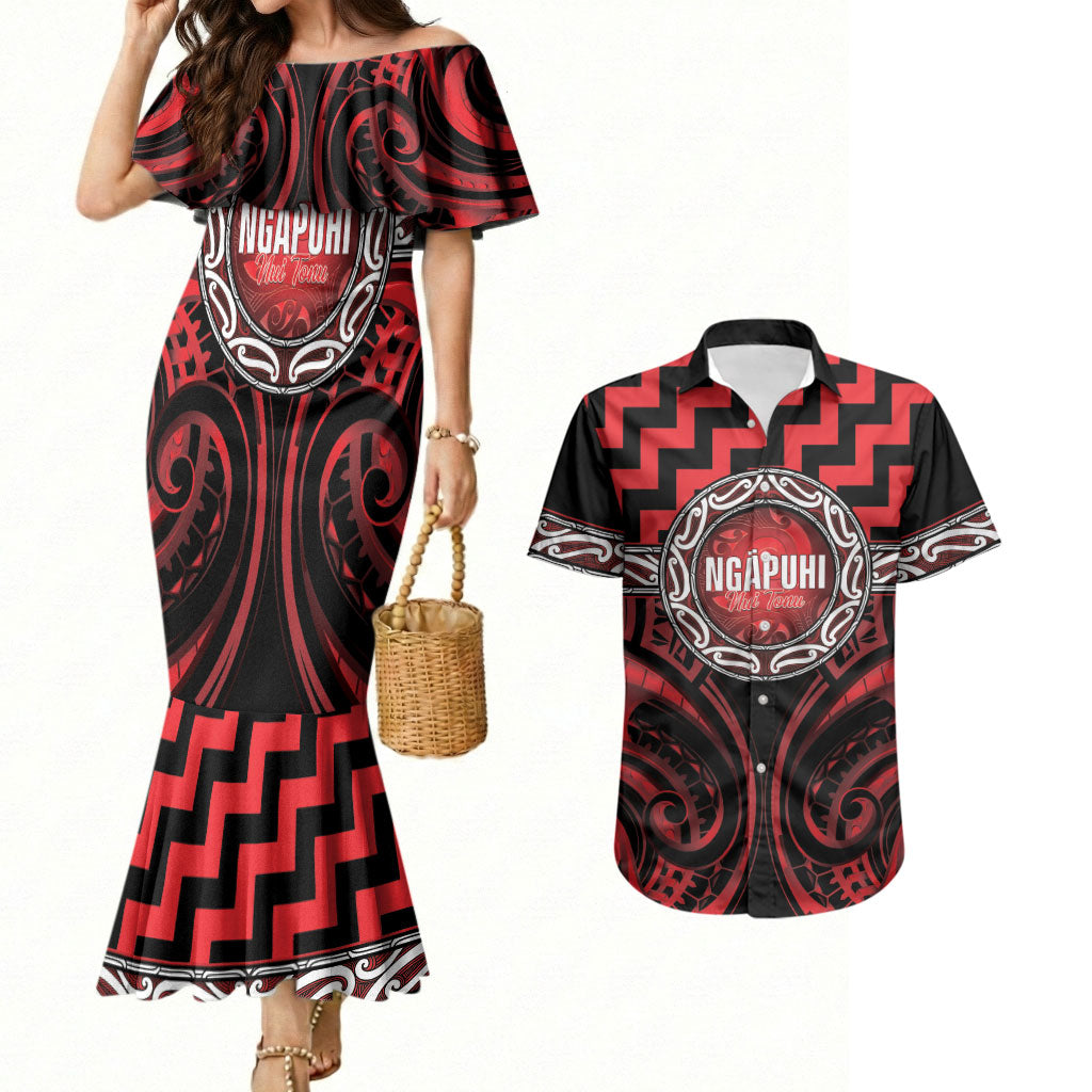 Aotearoa Ngapuhi Personalised Couples Matching Mermaid Dress and Hawaiian Shirt Maori Iwi Poutama Puhoro Tattoo