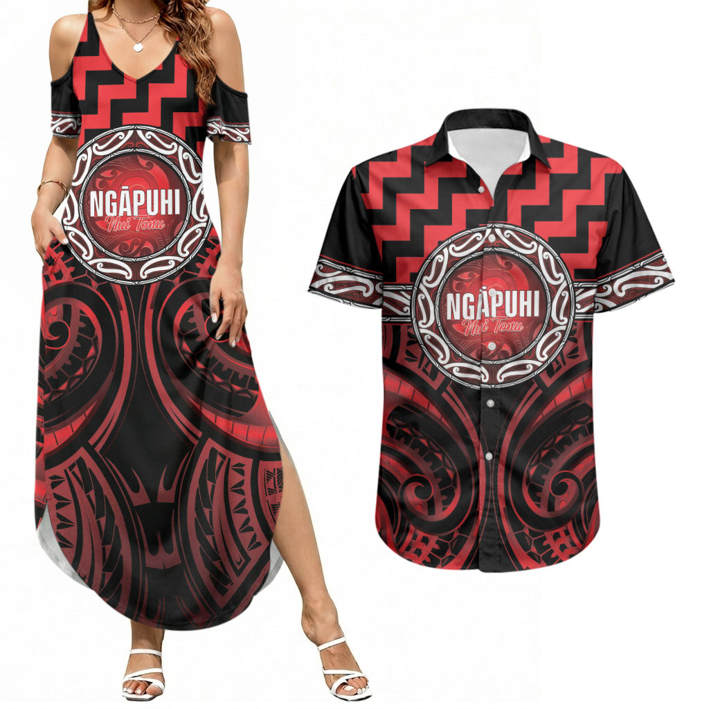 Aotearoa Ngapuhi Personalised Couples Matching Summer Maxi Dress and Hawaiian Shirt Maori Iwi Poutama Puhoro Tattoo LT14 Red - Polynesian Pride
