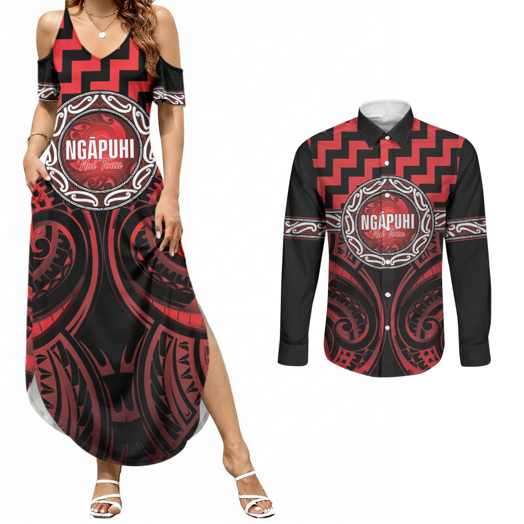 Aotearoa Ngapuhi Personalised Couples Matching Summer Maxi Dress and Long Sleeve Button Shirt Maori Iwi Poutama Puhoro Tattoo