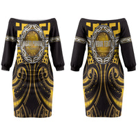 Aotearoa Ngati Porou Personalised Couples Matching Off The Shoulder Long Sleeve Dress and Long Sleeve Button Shirt Maori Iwi Poutama Puhoro Tattoo