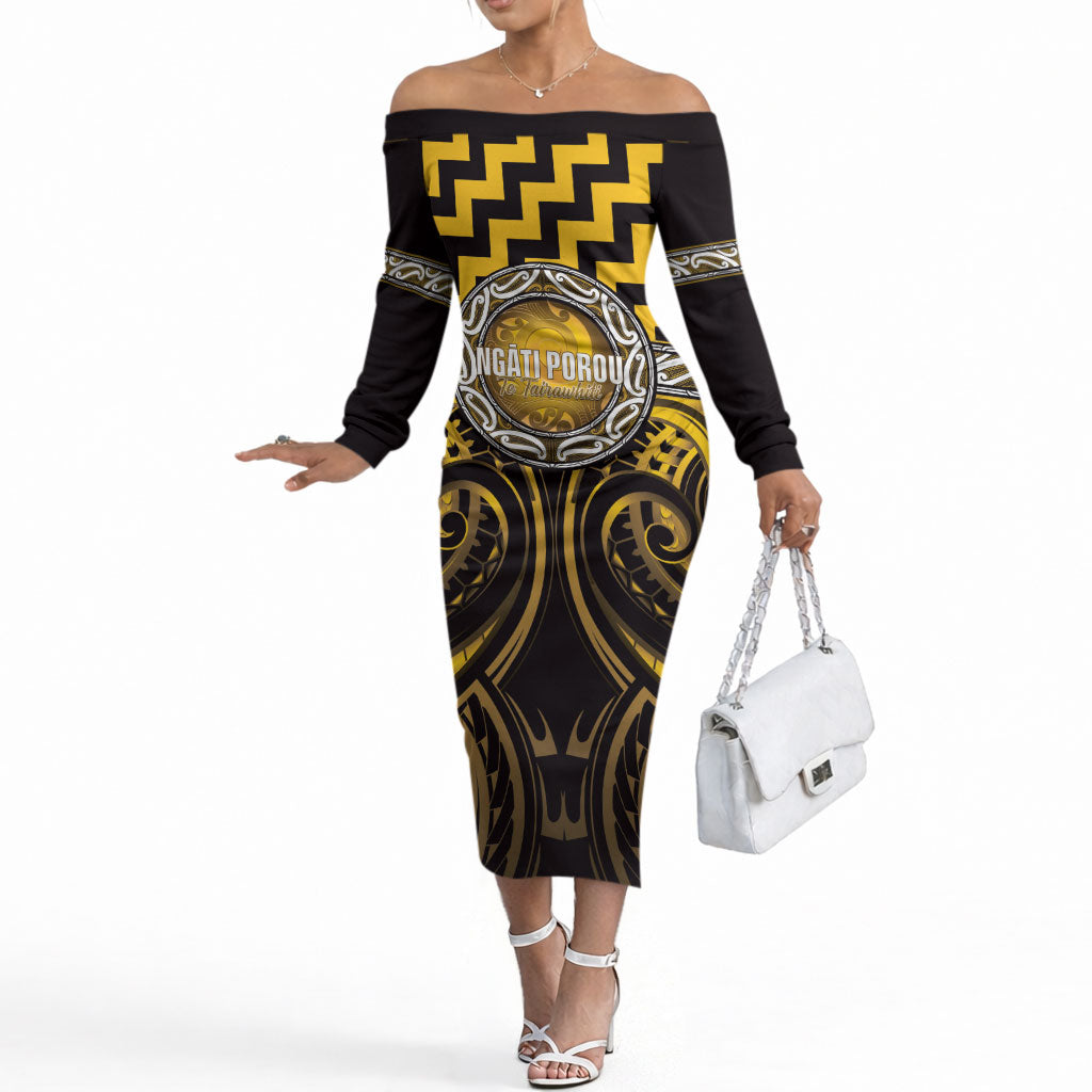 Aotearoa Ngati Porou Personalised Off The Shoulder Long Sleeve Dress Maori Iwi Poutama Puhoro Tattoo LT14 Women Yellow - Polynesian Pride