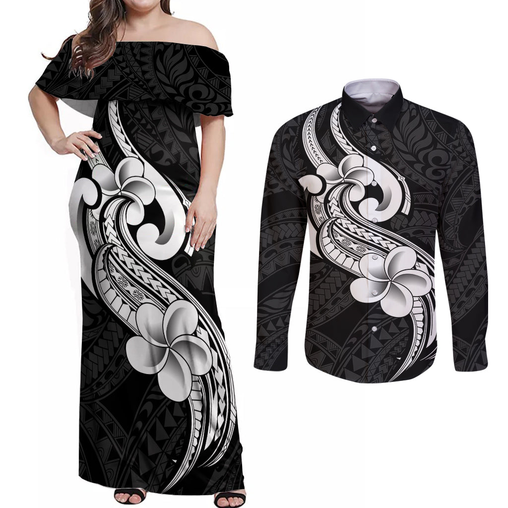 Polynesia Couples Matching Off Shoulder Maxi Dress and Long Sleeve Button Shirts Plumeria With Tribal Pattern Black Vibes LT14 Black - Polynesian Pride