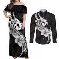 Polynesia Couples Matching Off Shoulder Maxi Dress and Long Sleeve Button Shirts Plumeria With Tribal Pattern Black Vibes LT14 Black - Polynesian Pride