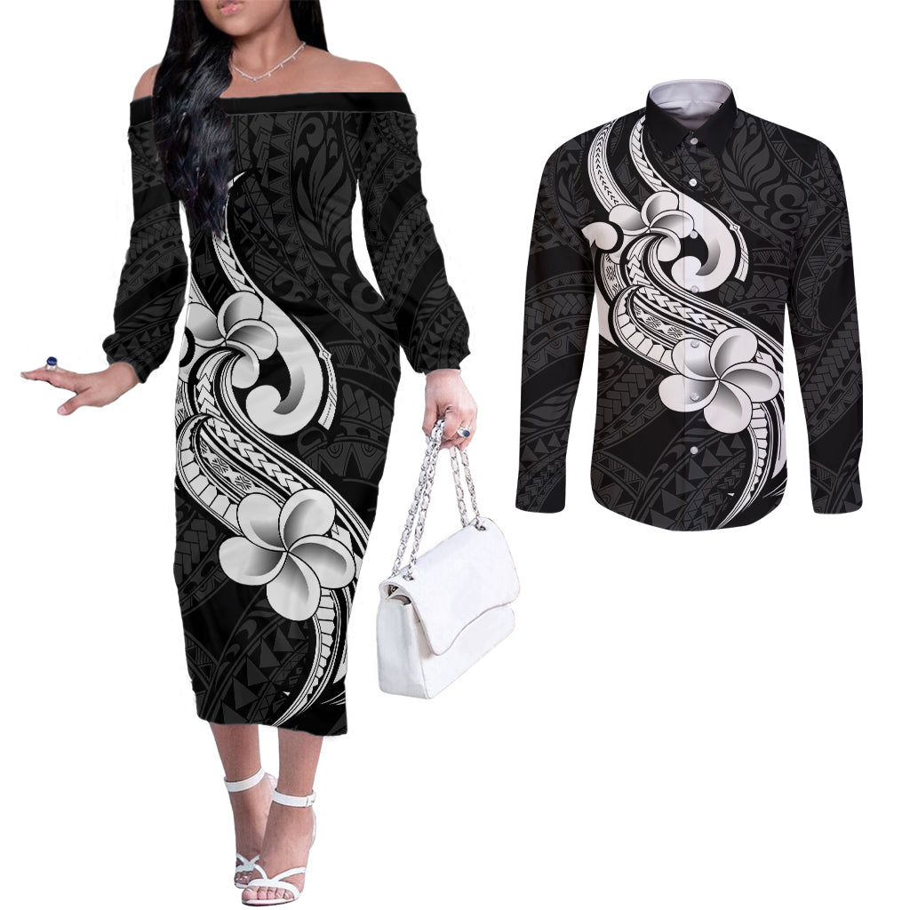 Polynesia Couples Matching Off The Shoulder Long Sleeve Dress and Long Sleeve Button Shirts Plumeria With Tribal Pattern Black Vibes LT14 Black - Polynesian Pride