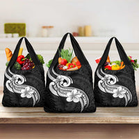 Polynesia Grocery Bag Plumeria With Tribal Pattern Black