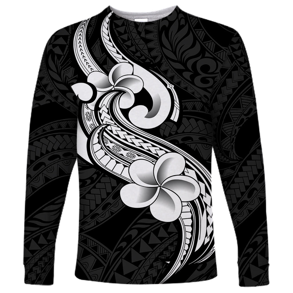 Polynesia Long Sleeve Shirt Plumeria With Tribal Pattern Black Vibes LT14 Unisex Black - Polynesian Pride