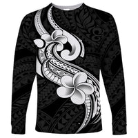 Polynesia Long Sleeve Shirt Plumeria With Tribal Pattern Black Vibes LT14 Unisex Black - Polynesian Pride