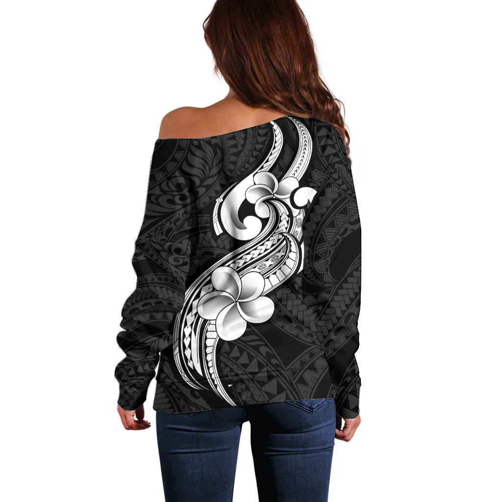 Polynesia Off Shoulder Sweater Plumeria With Tribal Pattern Black Vibes LT14 - Polynesian Pride