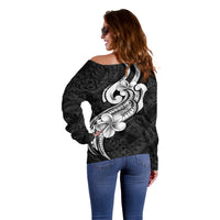 Polynesia Off Shoulder Sweater Plumeria With Tribal Pattern Black Vibes LT14 - Polynesian Pride