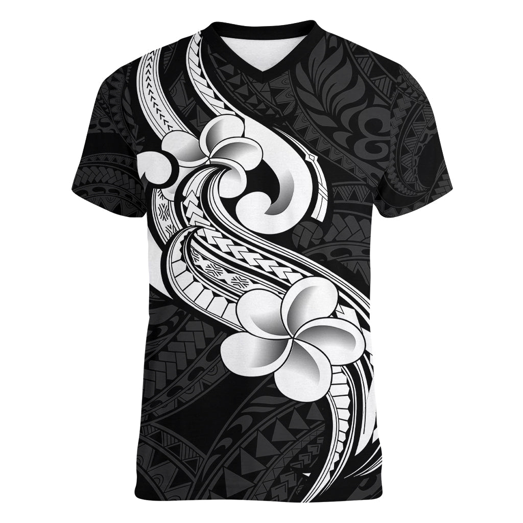 Polynesia Women V Neck T Shirt Plumeria With Tribal Pattern Black Vibes LT14 Female Black - Polynesian Pride