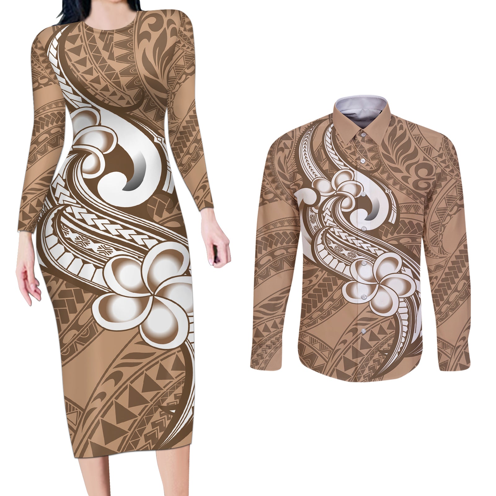 Polynesia Couples Matching Long Sleeve Bodycon Dress and Long Sleeve Button Shirts Plumeria With Tribal Pattern Brown Pastel Vibes LT14 Brown - Polynesian Pride