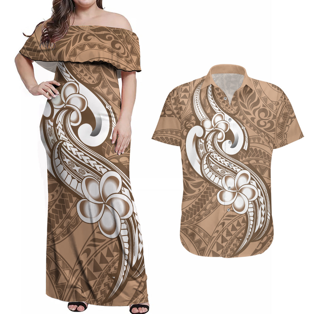 Polynesia Couples Matching Off Shoulder Maxi Dress and Hawaiian Shirt Plumeria With Tribal Pattern Brown Pastel Vibes LT14 Brown - Polynesian Pride