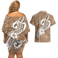 Polynesia Couples Matching Off Shoulder Short Dress and Hawaiian Shirt Plumeria With Tribal Pattern Brown Pastel Vibes LT14 - Polynesian Pride