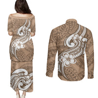 Polynesia Couples Matching Puletasi Dress and Long Sleeve Button Shirts Plumeria With Tribal Pattern Brown Pastel Vibes LT14 - Polynesian Pride