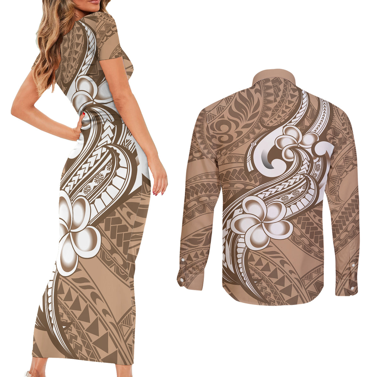 Polynesia Couples Matching Short Sleeve Bodycon Dress and Long Sleeve Button Shirts Plumeria With Tribal Pattern Brown Pastel Vibes LT14 - Polynesian Pride