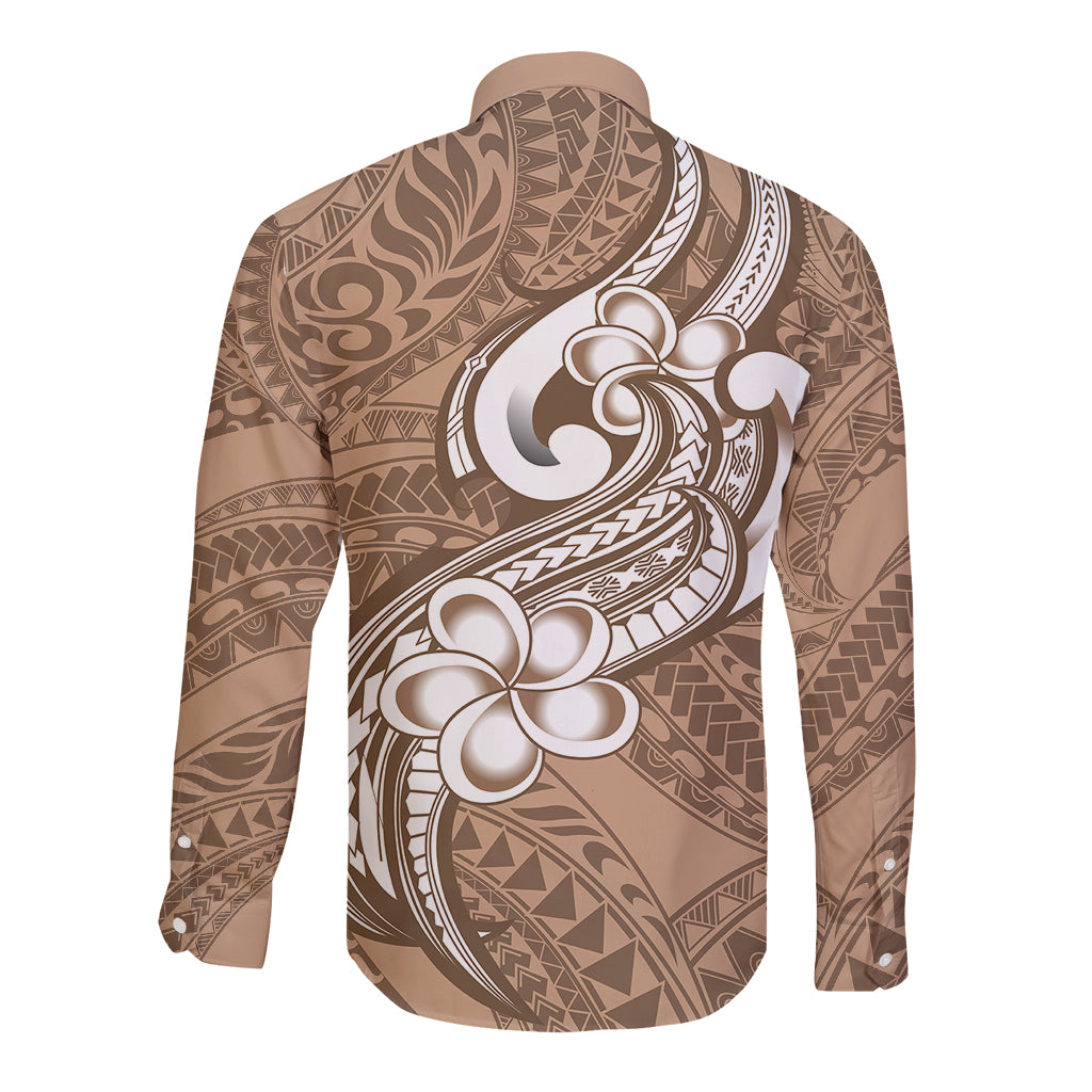 Polynesia Long Sleeve Button Shirt Plumeria With Tribal Pattern Brown Pastel Vibes LT14 - Polynesian Pride