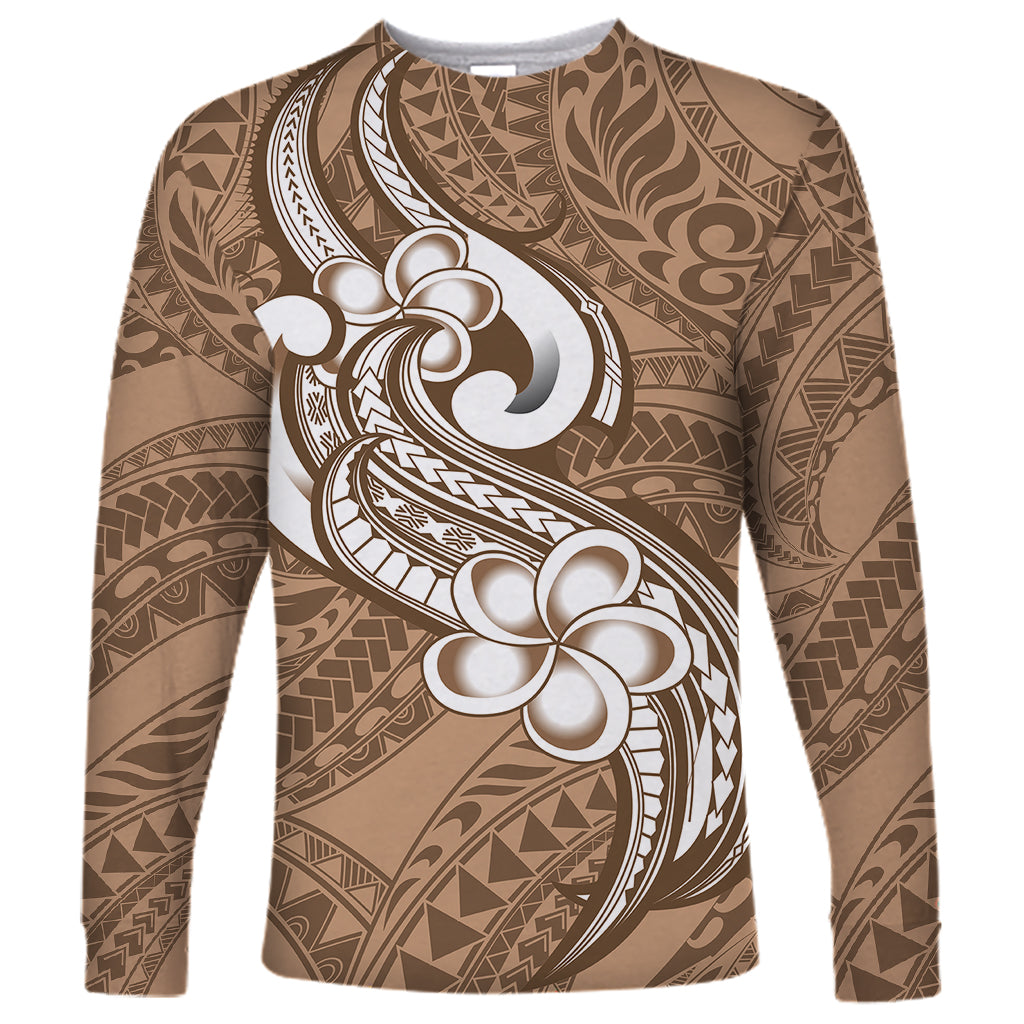 Polynesia Long Sleeve Shirt Plumeria With Tribal Pattern Brown Pastel Vibes LT14 Unisex Brown - Polynesian Pride