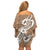 Polynesia Off Shoulder Short Dress Plumeria With Tribal Pattern Brown Pastel Vibes LT14 - Polynesian Pride