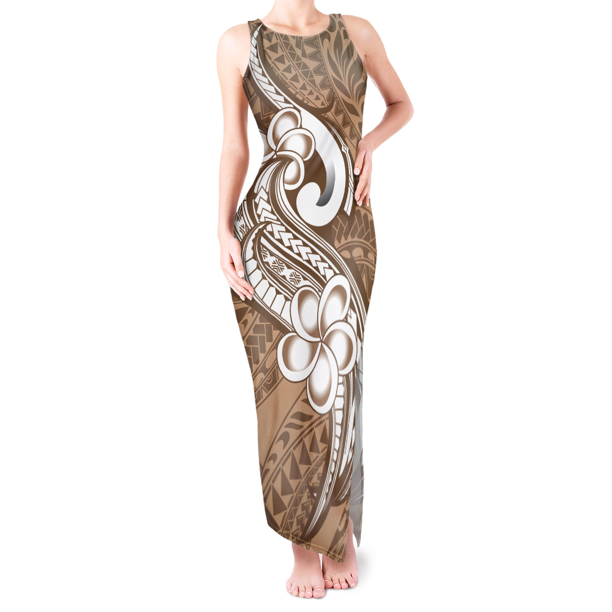 Polynesia Tank Maxi Dress Plumeria With Tribal Pattern Brown Pastel Vibes LT14 Women Brown - Polynesian Pride