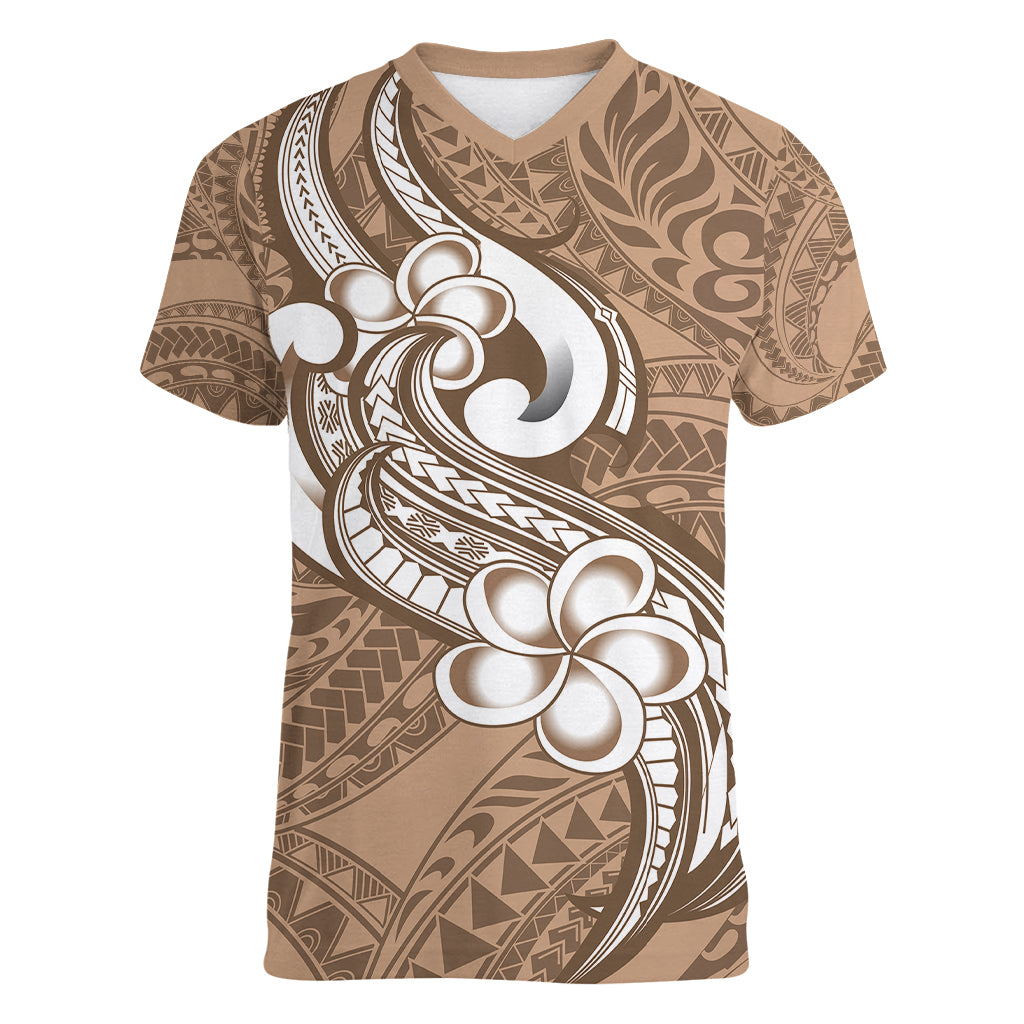 Polynesia Women V Neck T Shirt Plumeria With Tribal Pattern Brown Pastel Vibes LT14 Female Brown - Polynesian Pride